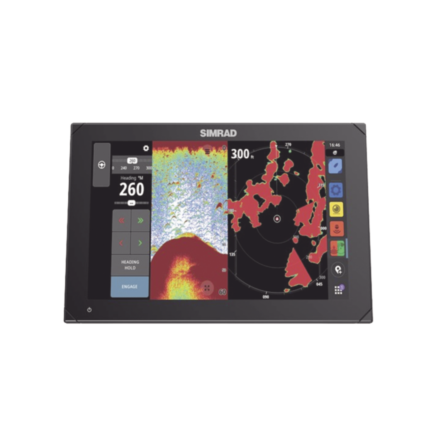 Pantalla táctil multifunción NSX 3012, cuenta con mapa base global, sonda de 1 kW, antena GPS interna, conexiones remotas WiFi y Bluetooth.