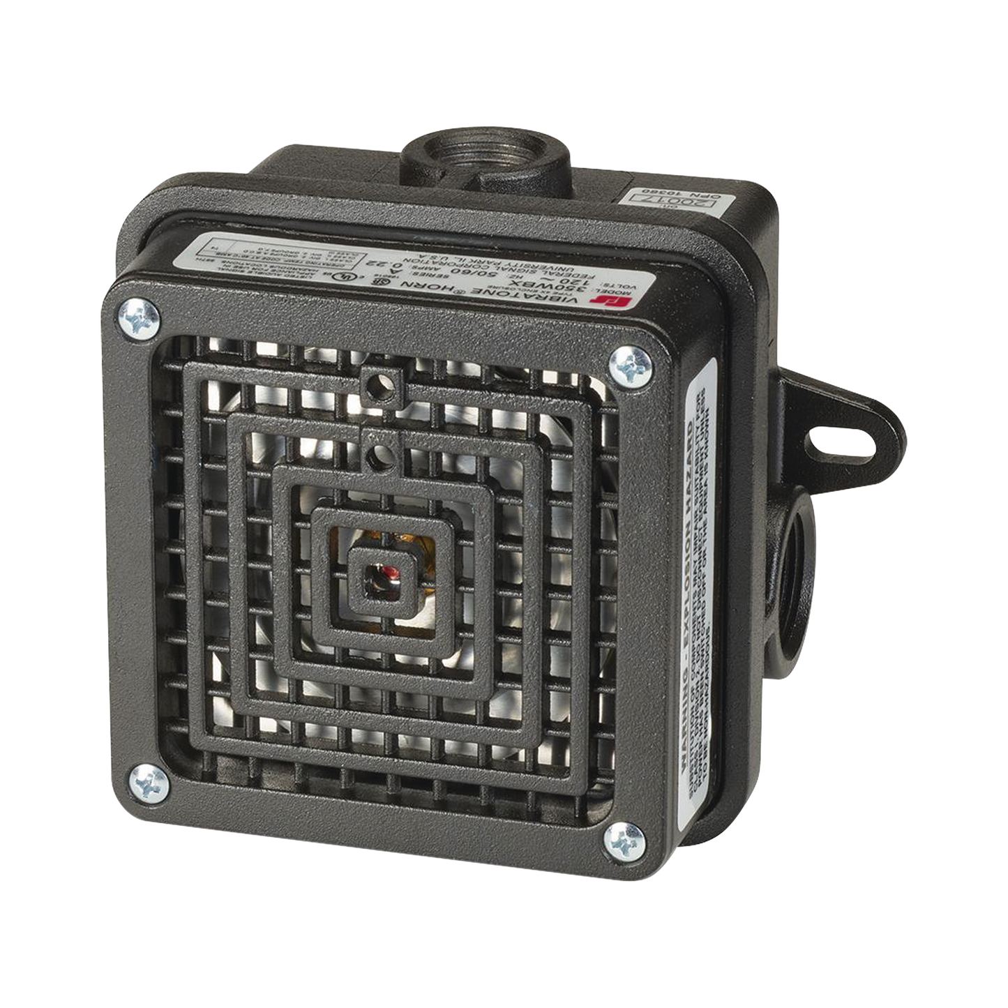 Bocina para lugares peligrosos Vibratone® con carcasa para exteriores Tipo 4X, Certificado CSA Listado por UL y cUL para Clase I, División 2, Grupos A, B, C y D; Clase II, División 2, Grupos F y G; Clase III, 120 VCA, Color Negra