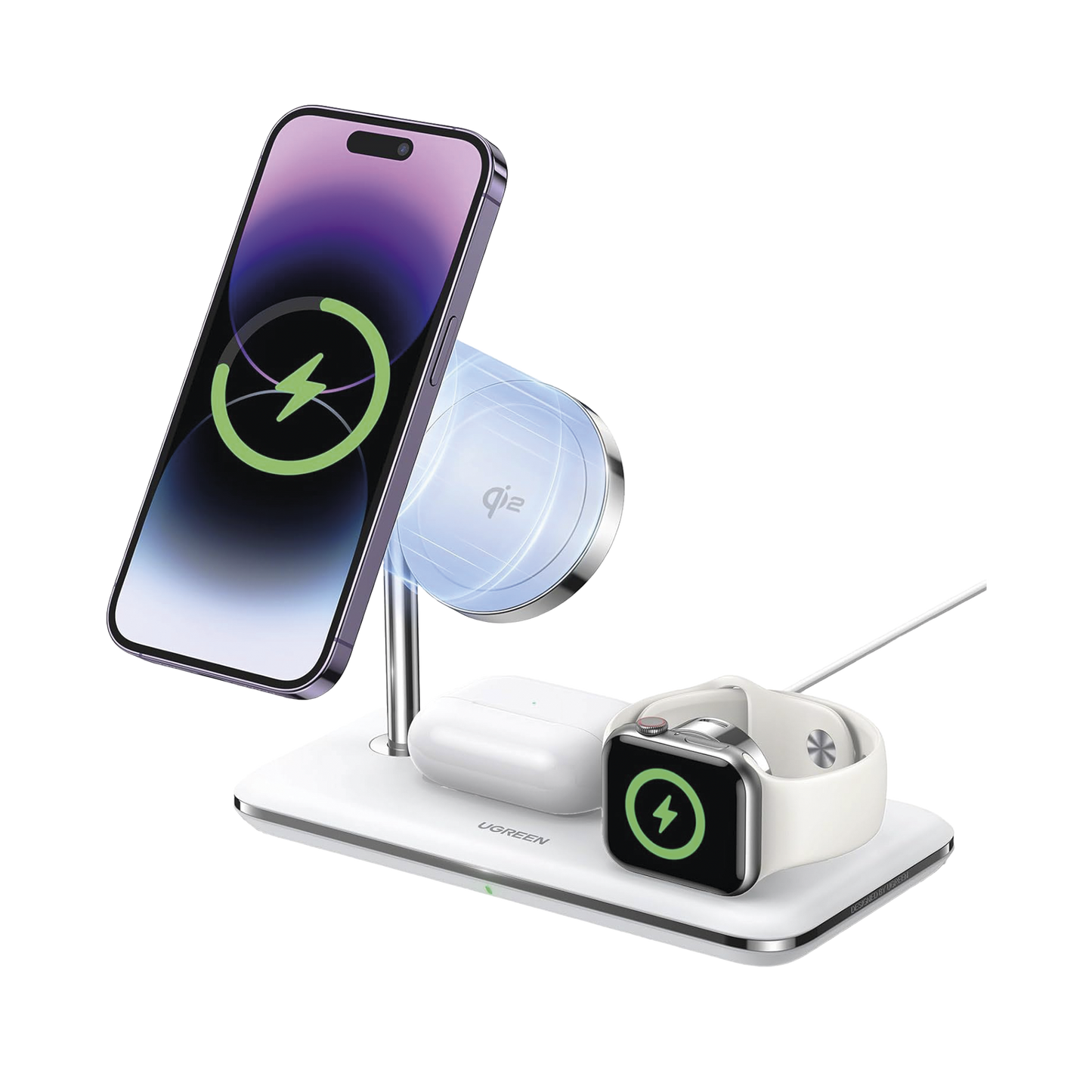 Estación de Carga Inalámbrica MagSafe 25W | 3 en 1 | Certificación Oficial Qi2 | MFI | Perfecto para iPhone, AirPods y Apple Watch | Carga Adaptativa /Simultanea | Luz Indicadora LED | Incluye Cable.