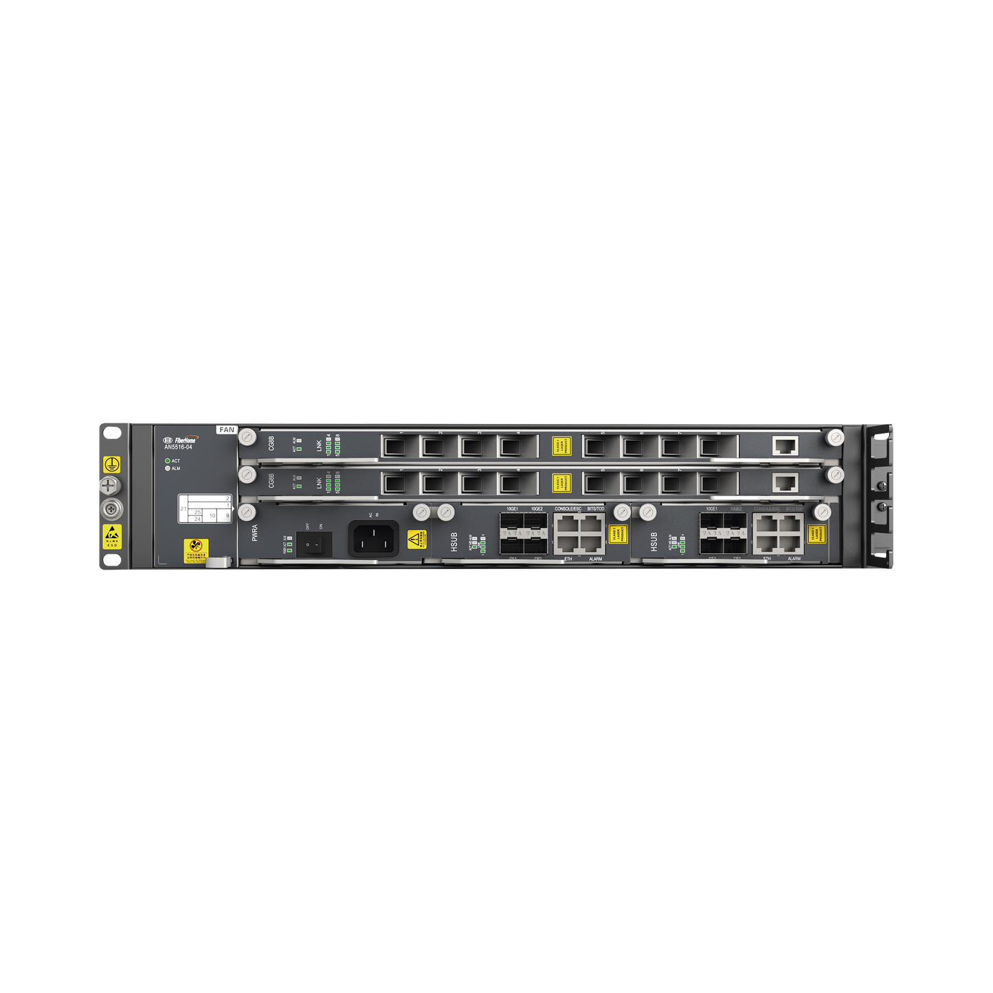 OLT Carrier Class Modular GPON, 2 Ranuras, Incluye 2 Tarjetas de Servicio de 16 puertos GPON, (32 Modulos GPON C+ Incluidos) 1 Fuente de CA, 2 UR