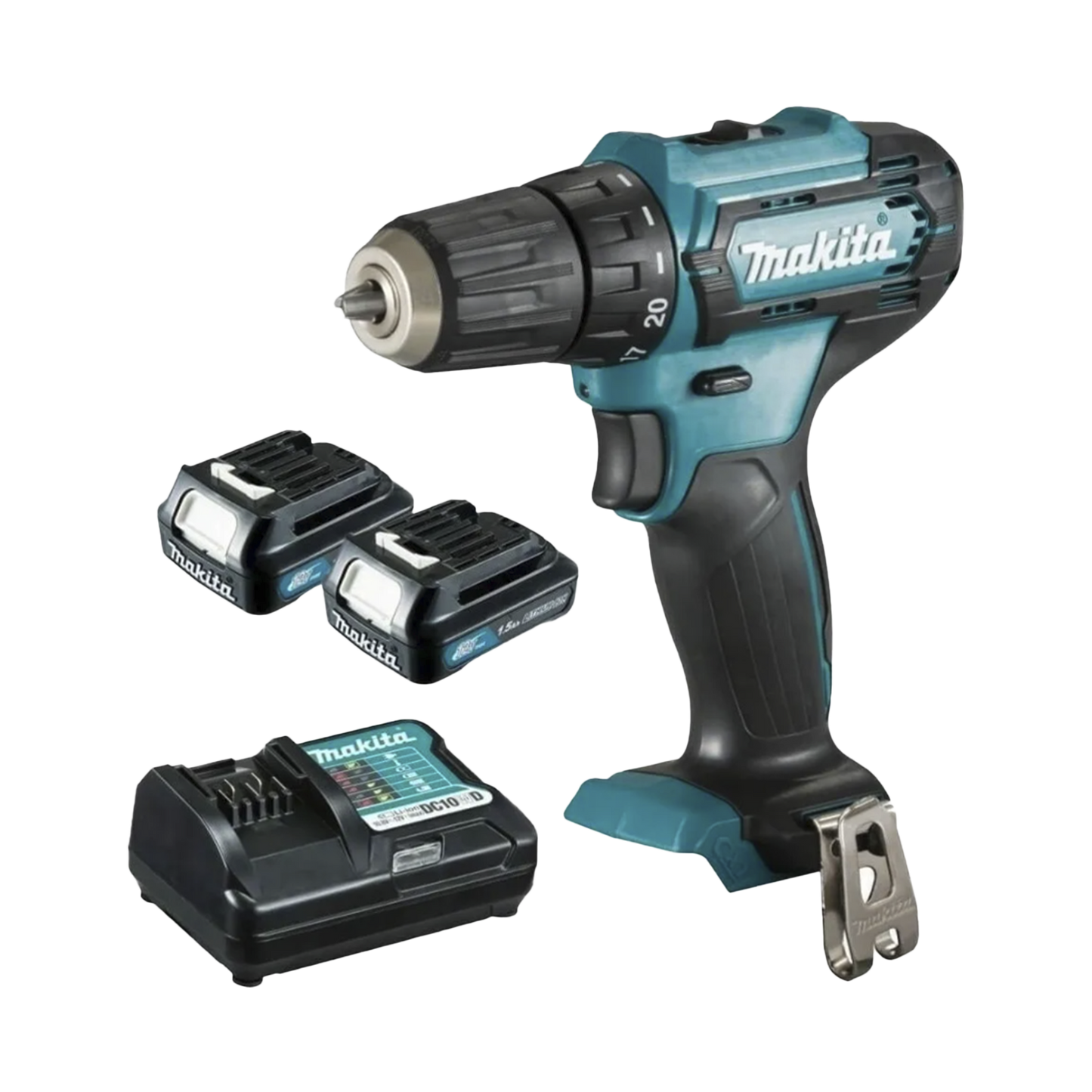 Atornillador broquero cambio rápido 3/8”. 2 baterías 12v de 1.5 amperes y cargador.