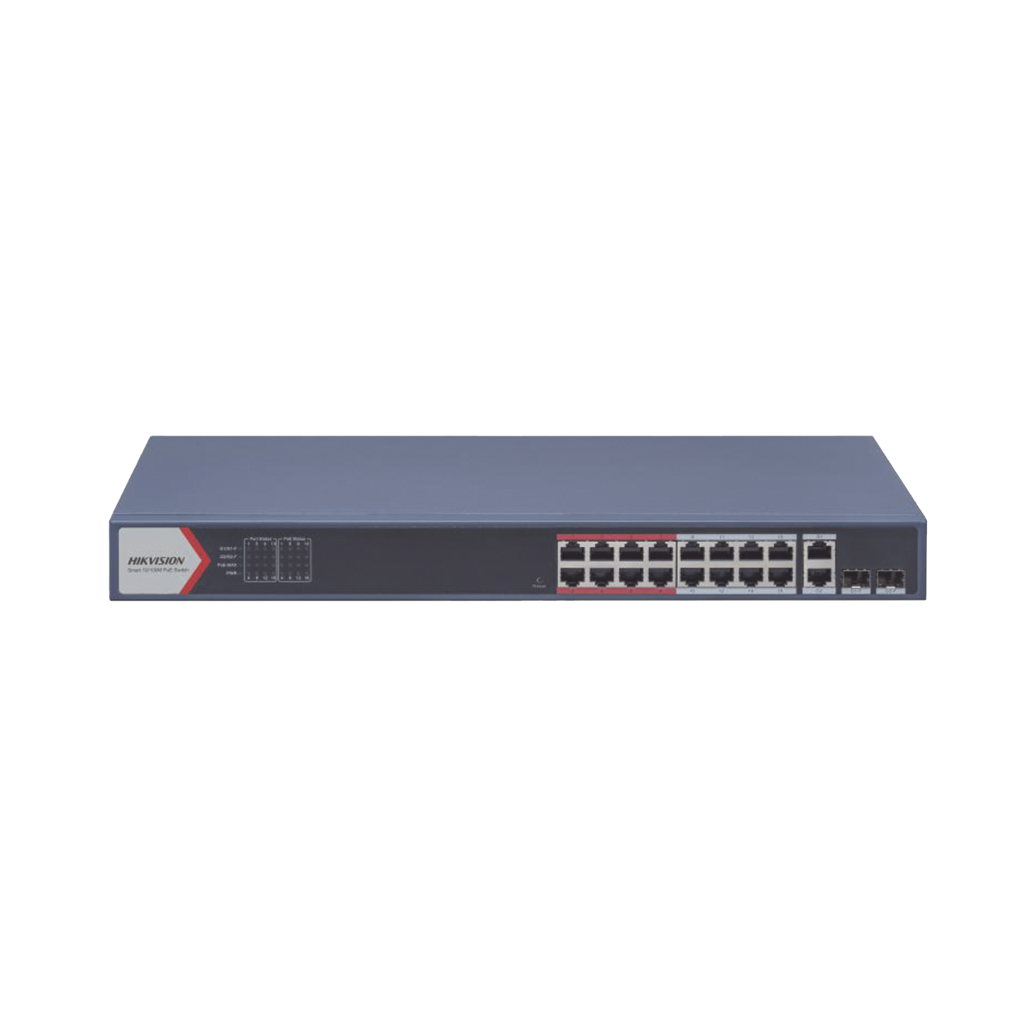 Switch Monitoreable PoE+ / 16 puertos 100 Mbps PoE+ / 2 Puertos 1000 Mbps Uplink + 2 Puertos SFP de Uplink / PoE hasta 300 Metros / Conexión Remota desde Hik-PartnerPro / 230 Watts