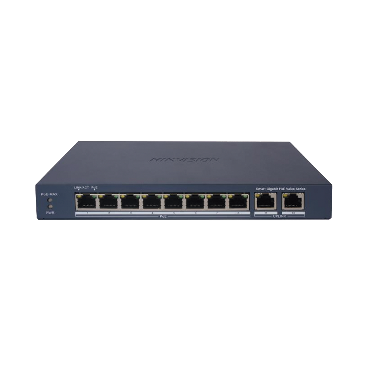 Switch Gigabit PoE+ / Administrable / 8 Puertos 1000 Mbps PoE+ / 2 Puertos 1000 Mbps de Uplink / Configuración Remota desde Hik-PartnerPro / Modo Extendido hasta 300 Metros / 60 W