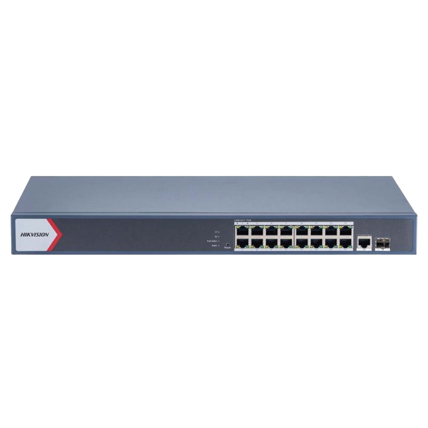 Switch Gigabit PoE+ / Administrable / 16 Puertos 1000 Mbps PoE+ / 1 Puerto 1000 Mbps de Uplink / 1 Puerto SFP / Configuración Remota desde Hik-PartnerPro / Modo Extendido hasta 300 Metros / 130 Watts