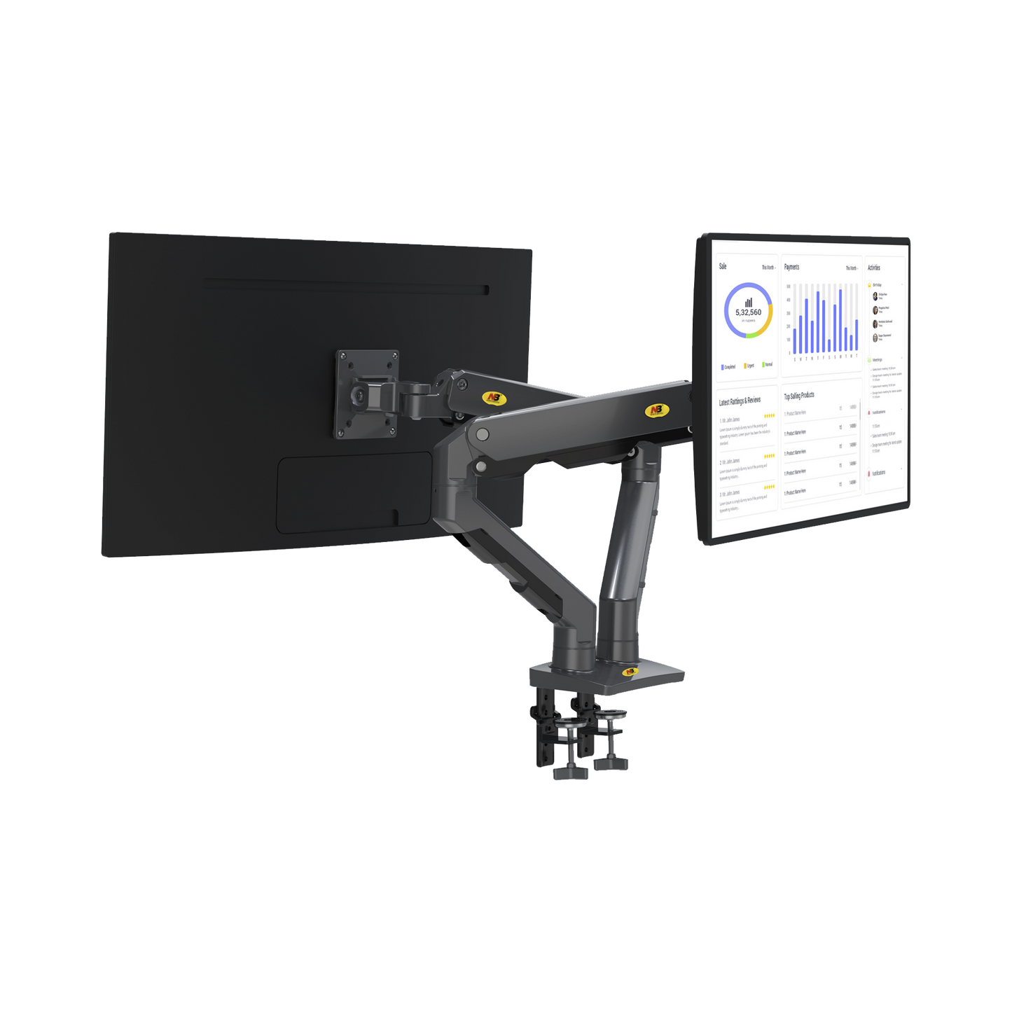 Montaje de Escritorio articulado para 2 monitores de 27-34" / Soporta hasta 16 kg por brazo/ Vesa 75 x 75 / 100 x 100 / Acero / Giro: 360°