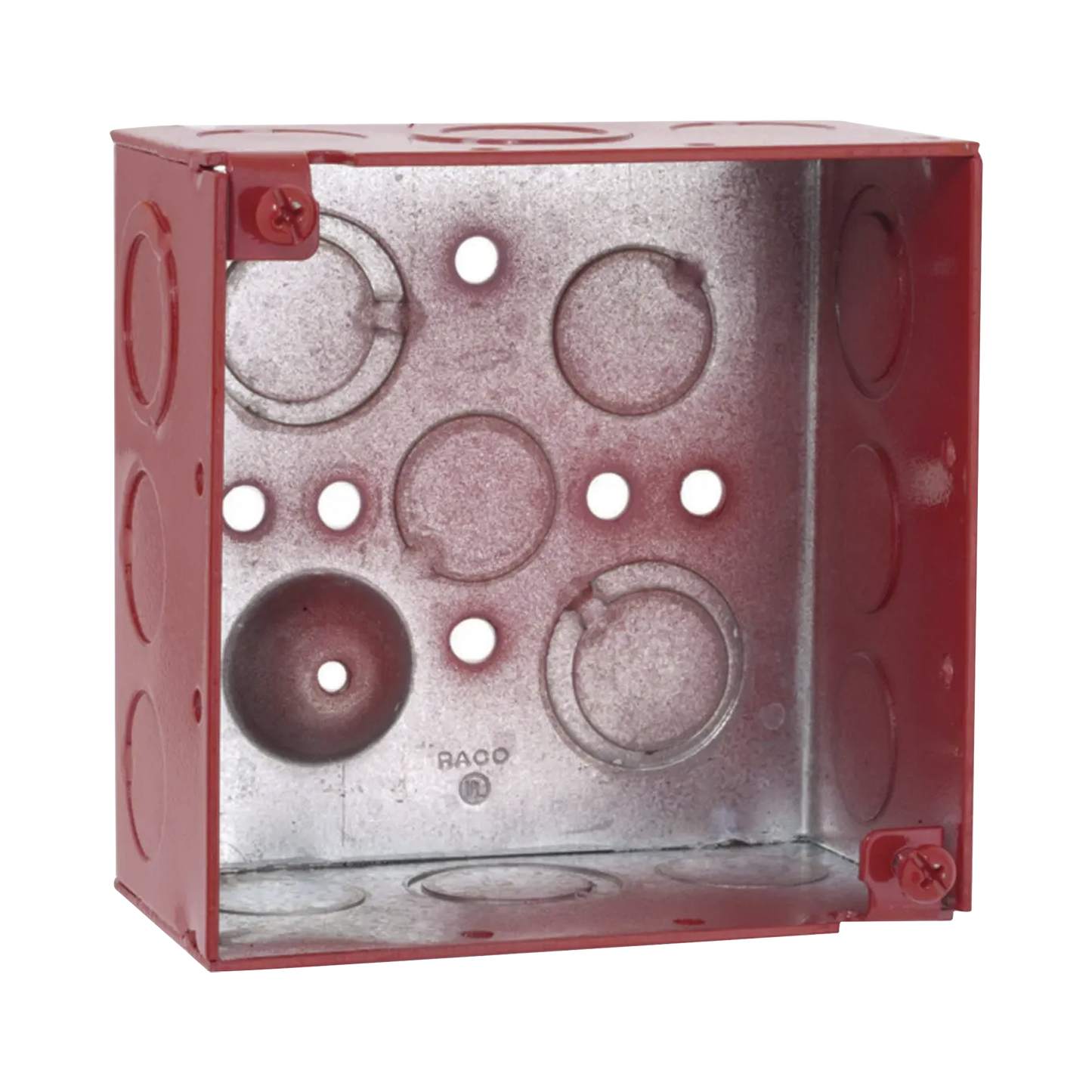 Caja Cuadrada Galvanizada de 4" /Profundidad de 2 1/8" / Cuenta con 11 KO de 1/2" y 6 TKO (1/2" - 3/4")/ Color Rojo.