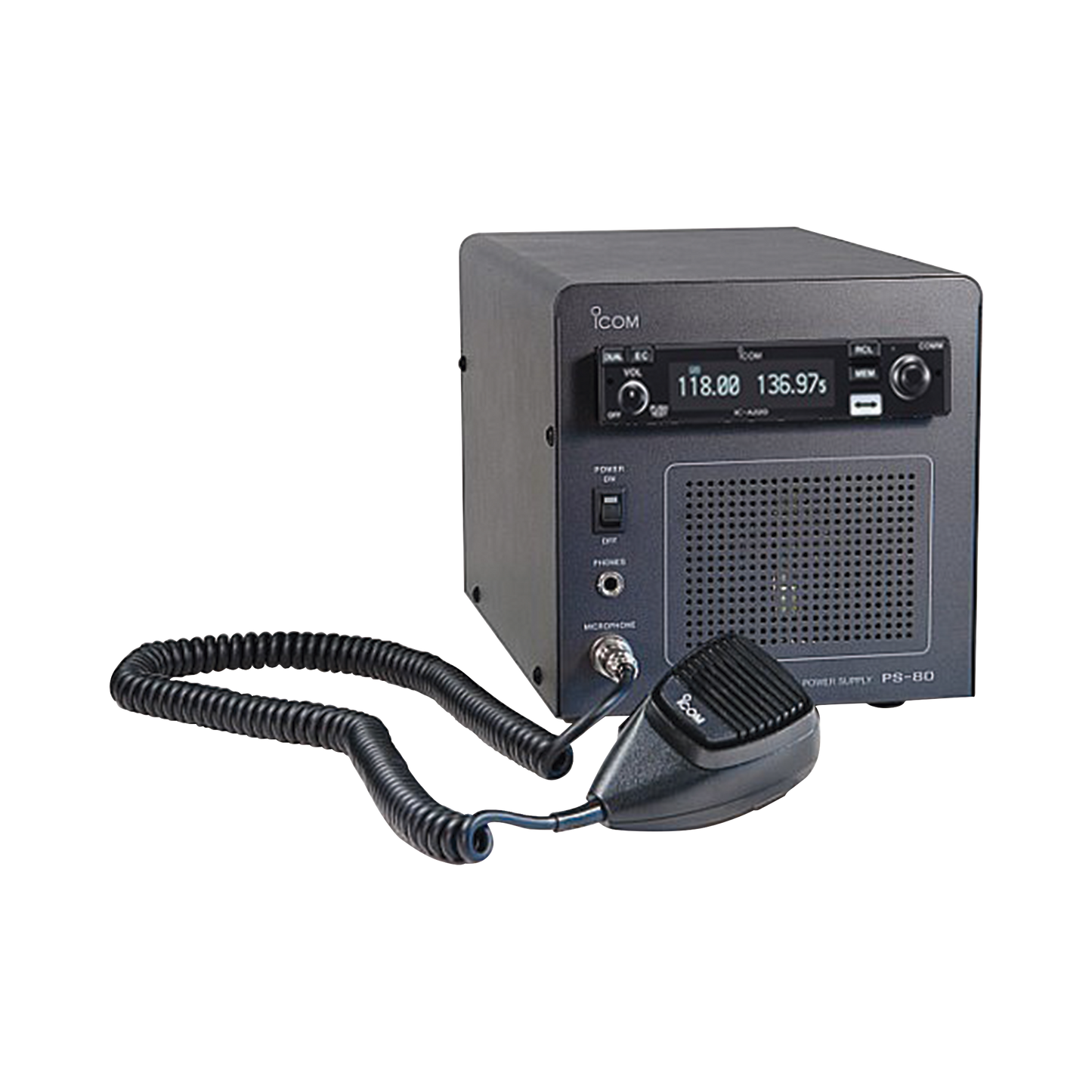 Radio móvil aéreo base IC-A220 con fuente de poder PS-80 incluida.