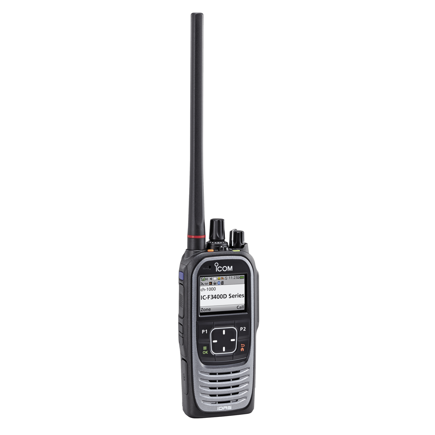 Radio portátil digital y analógico con pantalla a color en rango de frecuencia 136-174MHz, 1024 canales, 5 W de potencia de RF. Batería, cargador, antena y clip incluidos.