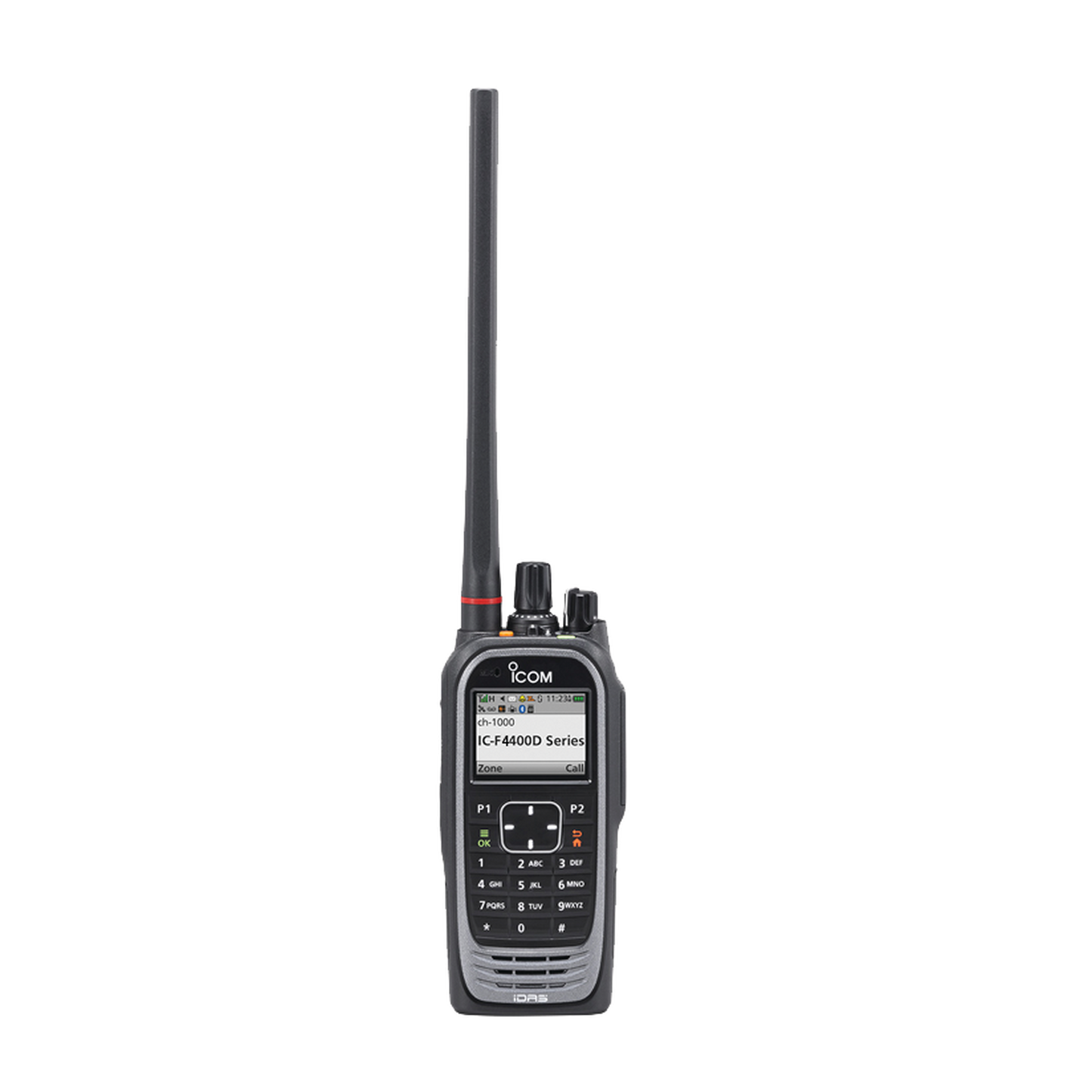 Radio digital NXDN con pantalla a color en la banda de UHF, rango de frecuencia 380-470MHz, 1024 canales, teclado DTMF, sumergible IP67, encriptación DES, GPS, bluethooth, grabador de voz. Batería, cargador, antena y clip incluidos.
