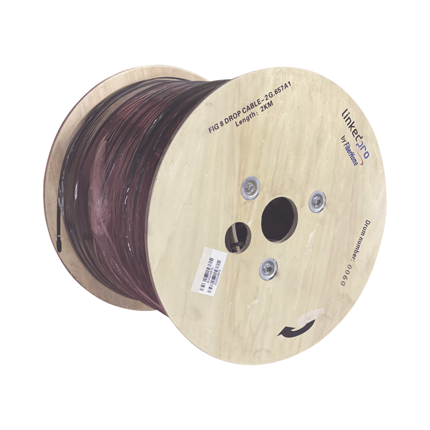 Carrete de 2 km de Fibra Óptica Aérea Mini Figura 8 G.657A1 tipo Drop, Monomodo de 2 Hilos (bifibra), Color Negro