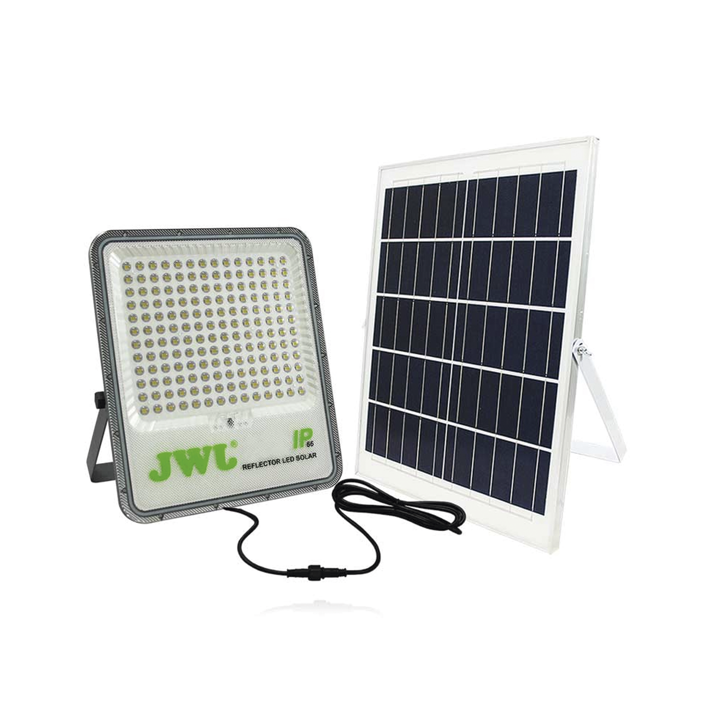 Reflector con Panel Solar 150 W / Medida Reflector 205 x 50 x 260 mm / 3.2 V CD / Medida Panel 350 x 16 x 350 mm / T.C.C. 6 500 K / IP66.
