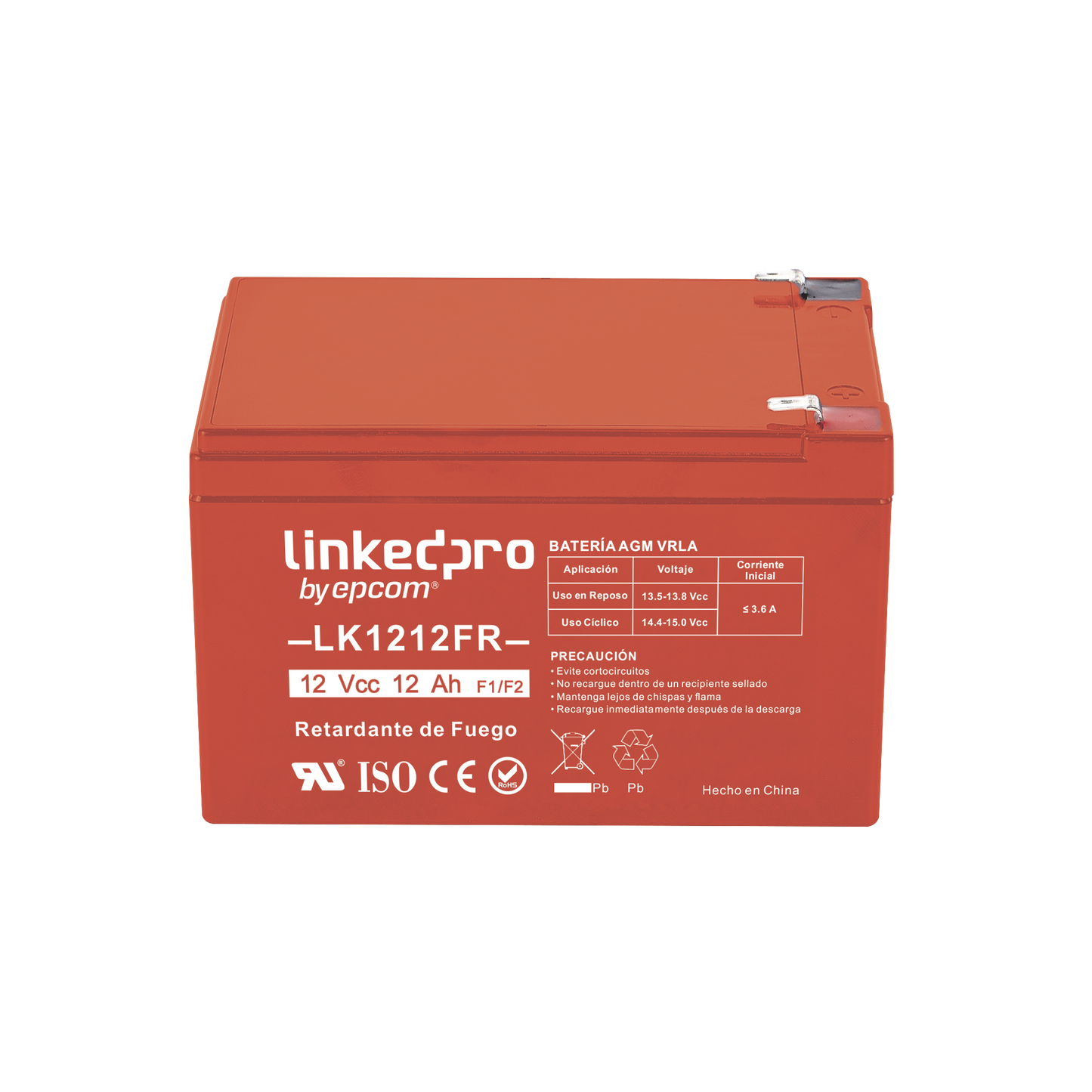 Batería 12 Vcc / 12 Ah / UL / Tecnología AGM-VRLA / Retardante a la Flama / Para uso en equipo electrónico, Alarmas de Intrusión / Incendio/ Control de acceso / Video Vigilancia / Terminales F1 y F2.