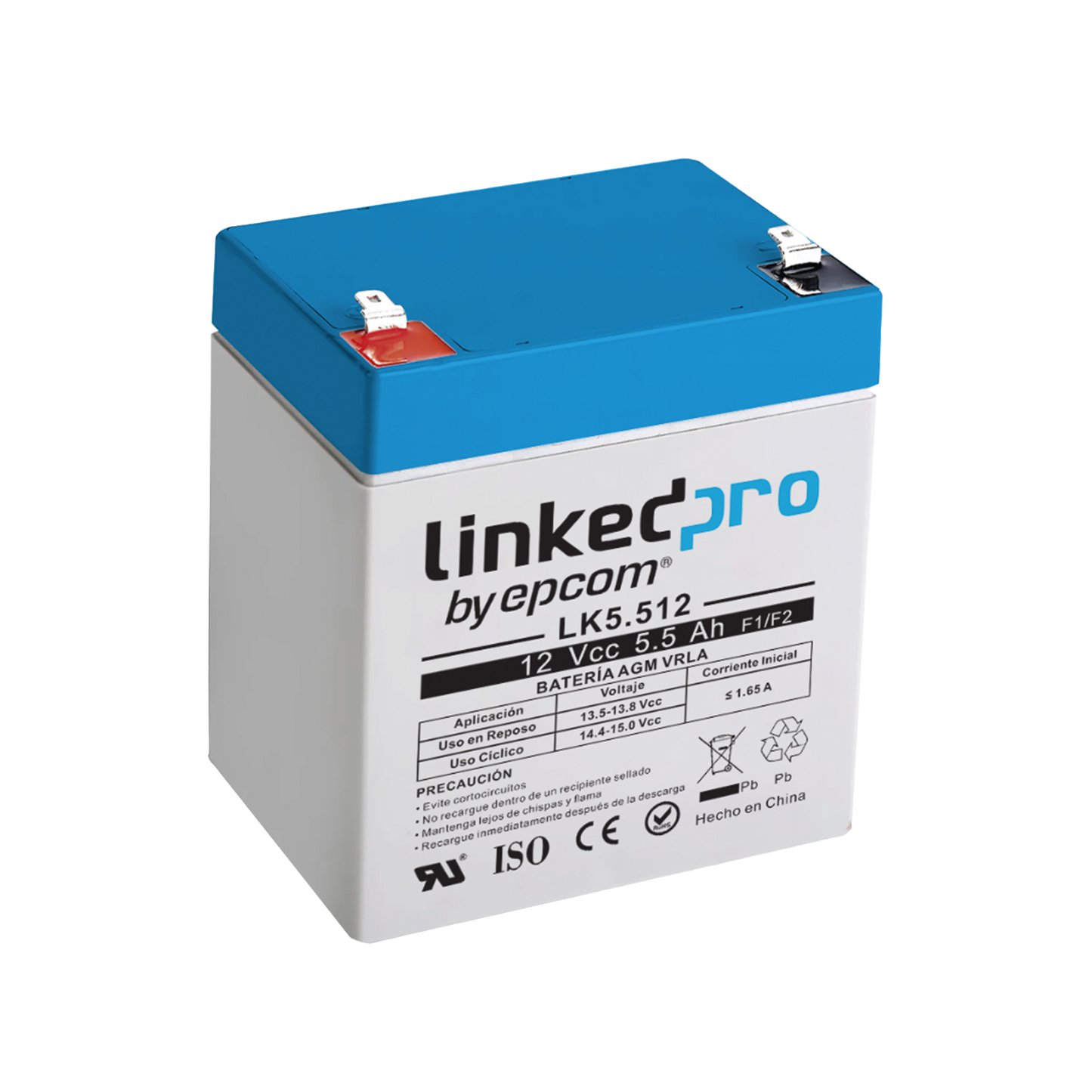 Batería 12 Vcc / 5.5 Ah / UL / Tecnología AGM-VRLA / Para uso en equipo electrónico, Alarmas de Intrusión / Incendio/ Control de acceso / Video Vigilancia / Terminales F1 y F2.