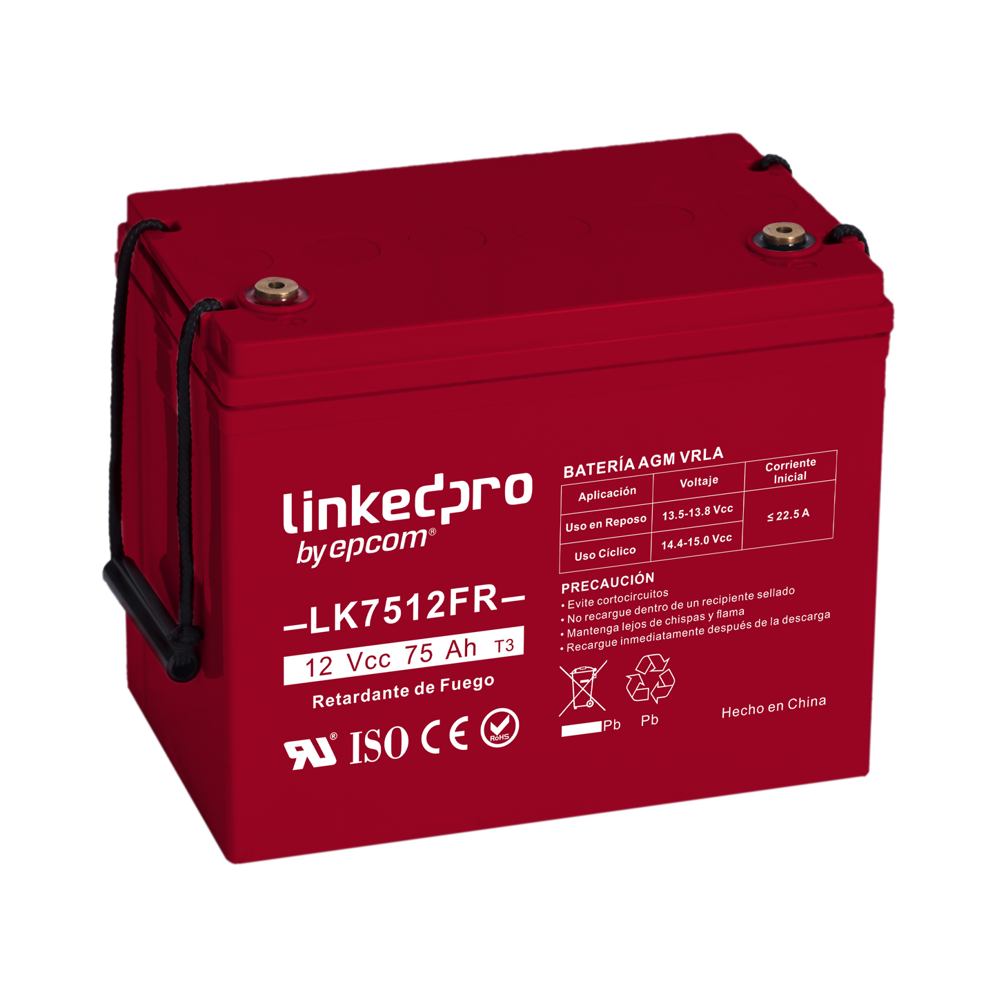 Batería 12 Vcc / 75 Ah / UL / Tecnología AGM-VRLA / Retardo a la flama / Para uso en equipo electrónico, Alarmas de Intrusión / Incendio/ Control de acceso / Video Vigilancia / T2