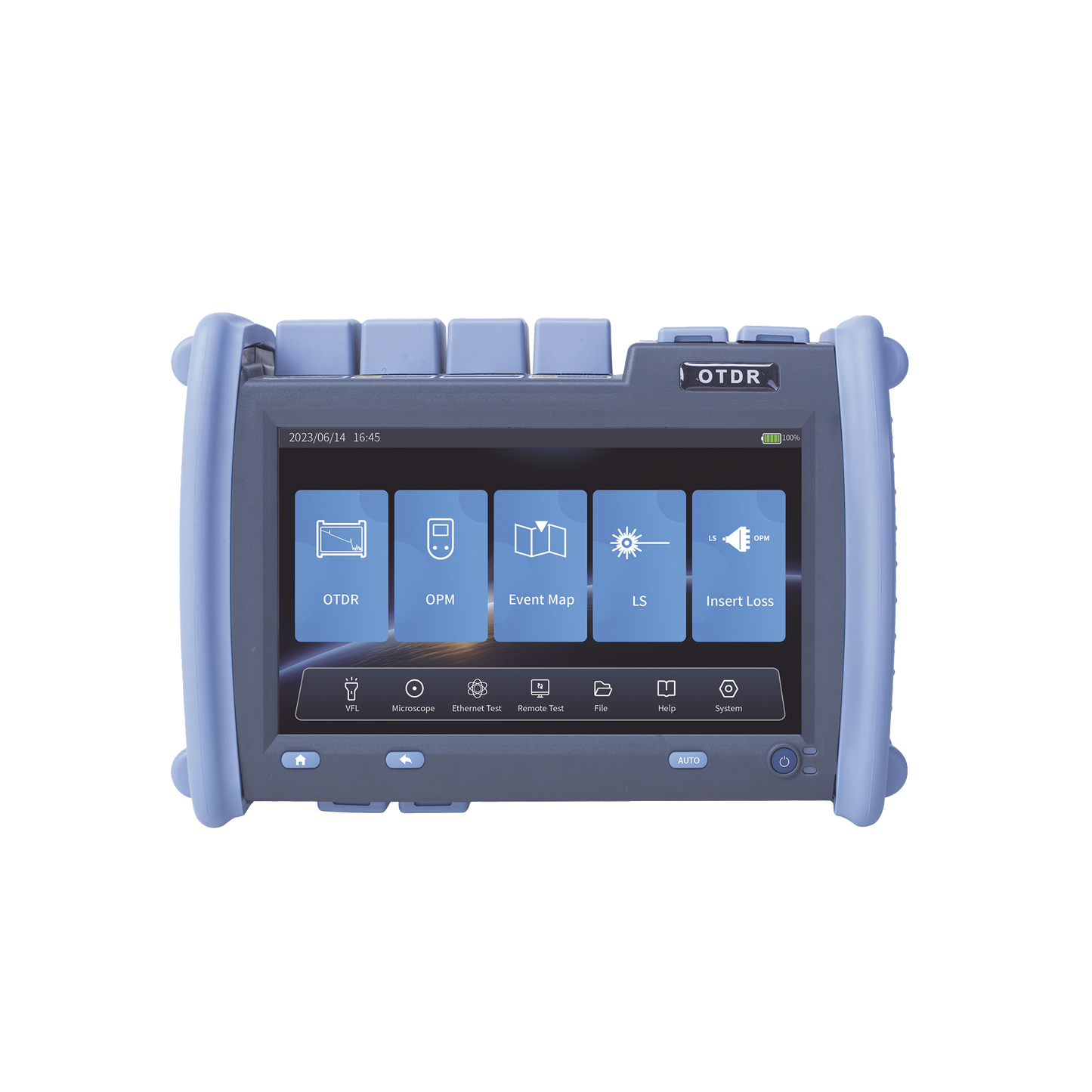 OTDR PRO de Alto Rendimiento para Enlaces de Fibra Óptica Monomodo / Pruebas en Fibra Óptica Viva / Longitudes de onda: 1310nm, 1550nm y 1625nm / Zona Muerta por Evento de 0.8 Metros / VFL 5mW / Distancia de prueba de hasta 420 km