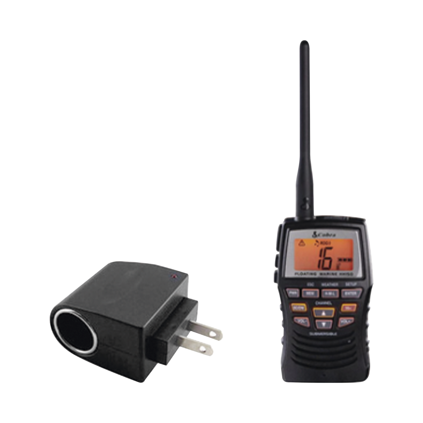 Kit de Radio portátil marino flotante y sumergible. Incluye adaptador de corriente con entrada tipo encendedor.