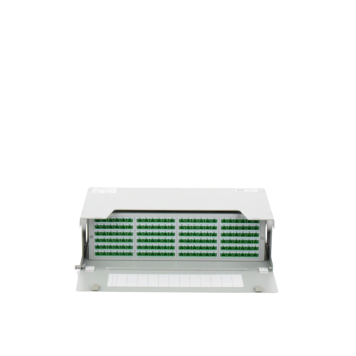 Distribuidor de Fibra Óptica para 144 empalmes, con 144 acopladores SC/APC y 144 pigtails SC/APC, 19", 3 UR