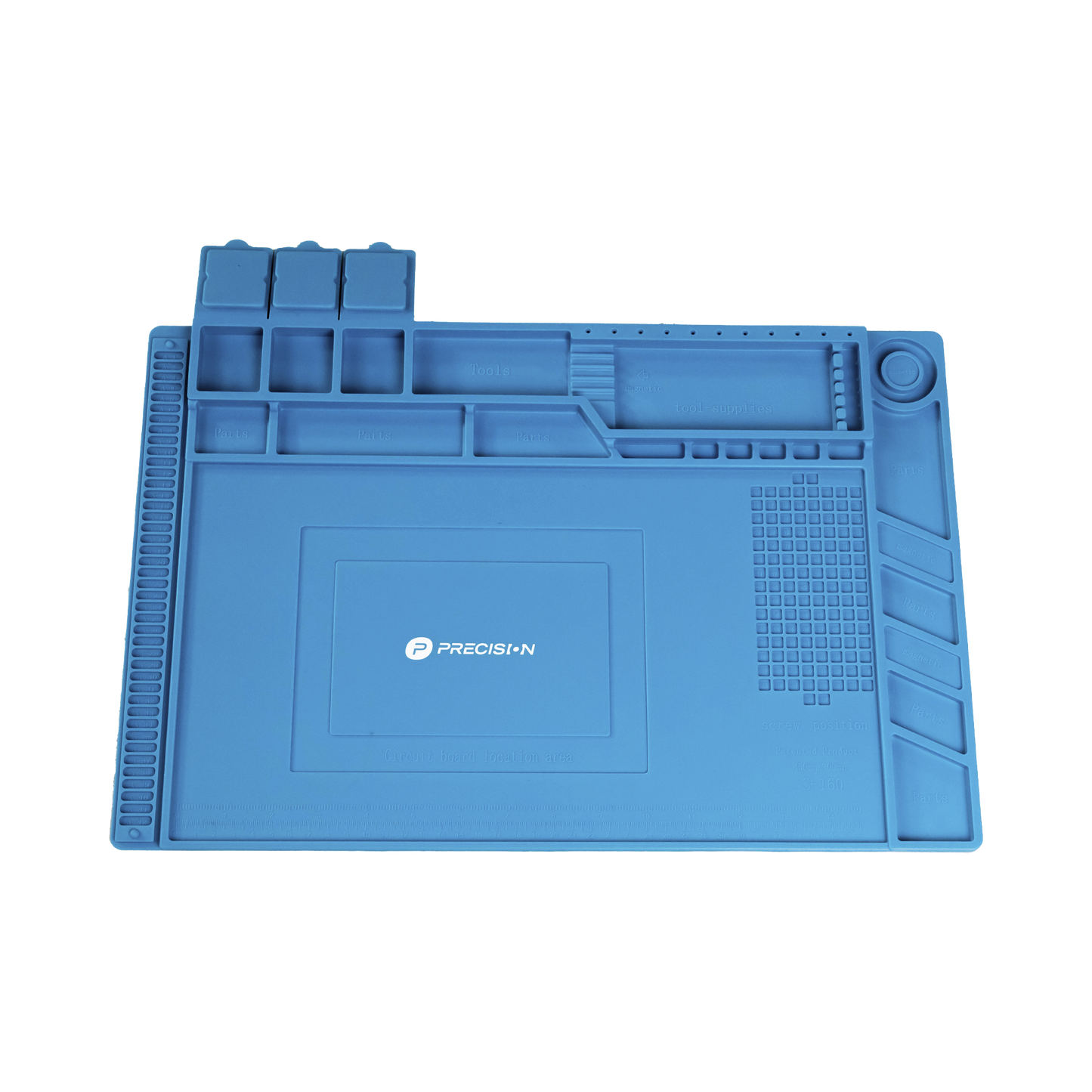 Tapete de silicona resistente al calor con areas magnéticas y de almacenamiento de componentes, ideal para la reparación de equipos y tarjetas electrónicas.