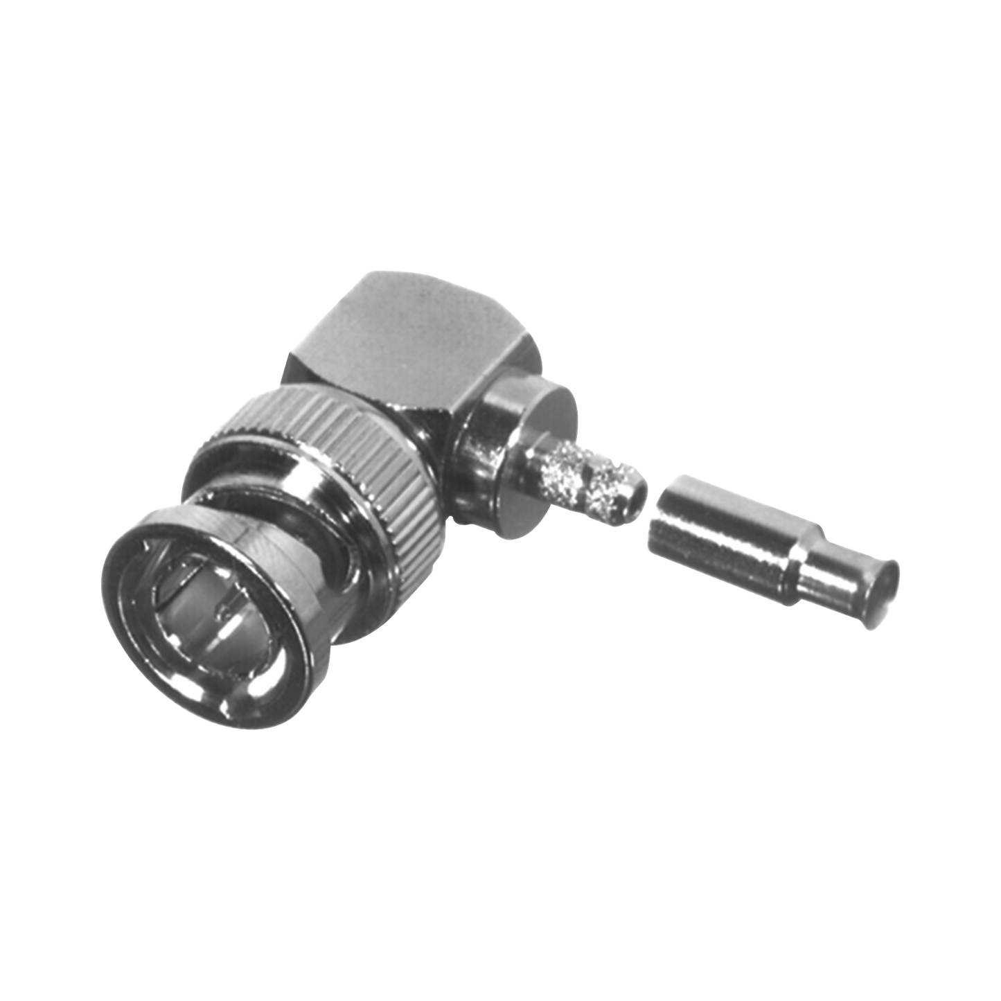 Conector BNC Macho en Ángulo Recto para 75 Ohm, Anillo Plegable para Cable RG-179/U, Grupo S, Níquel/ Oro/ Delrin.