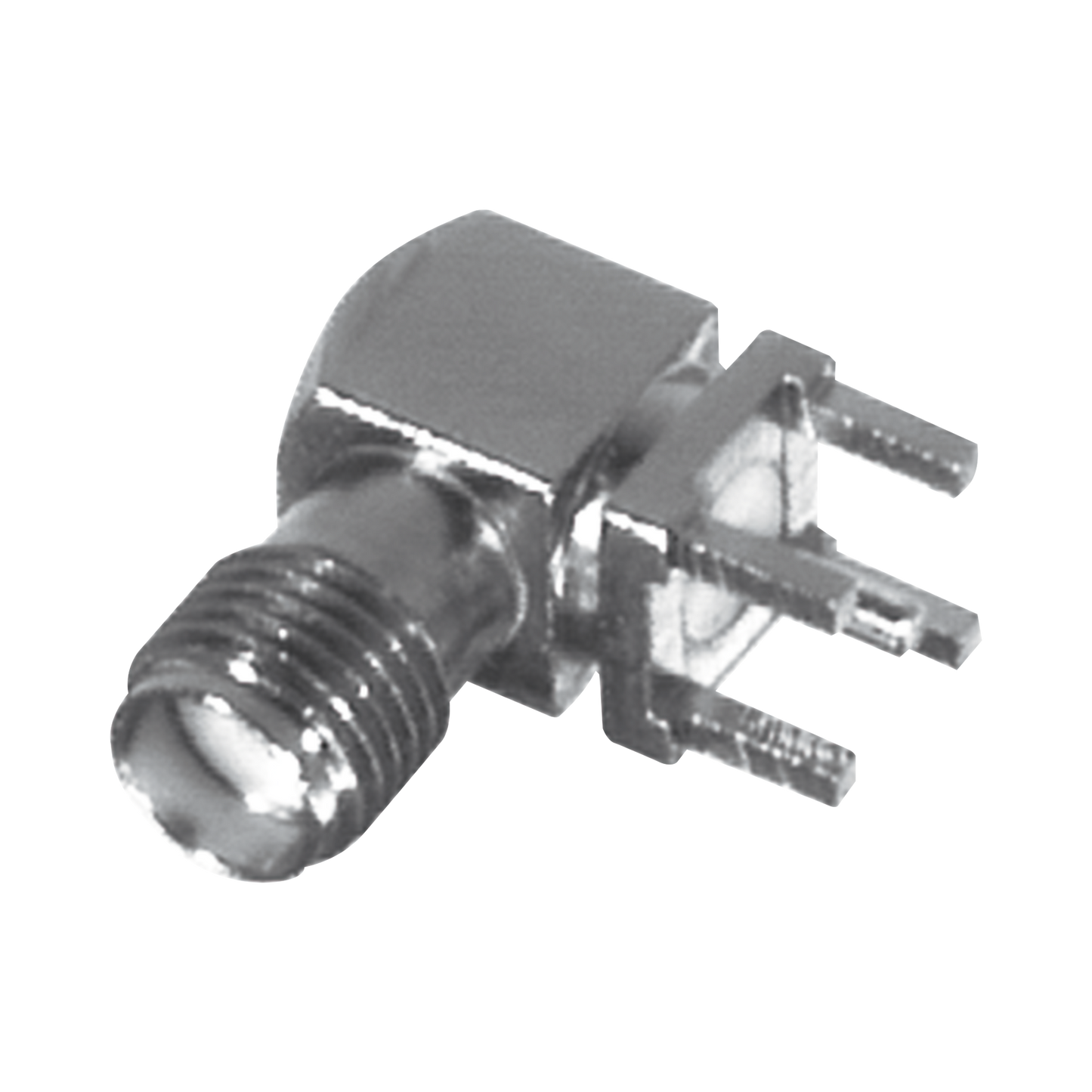 Conector SMA Hembra en Ángulo Recto con Terminal y 4 Patas para Montaje PCB, Níquel/ Oro/ Teflón.?