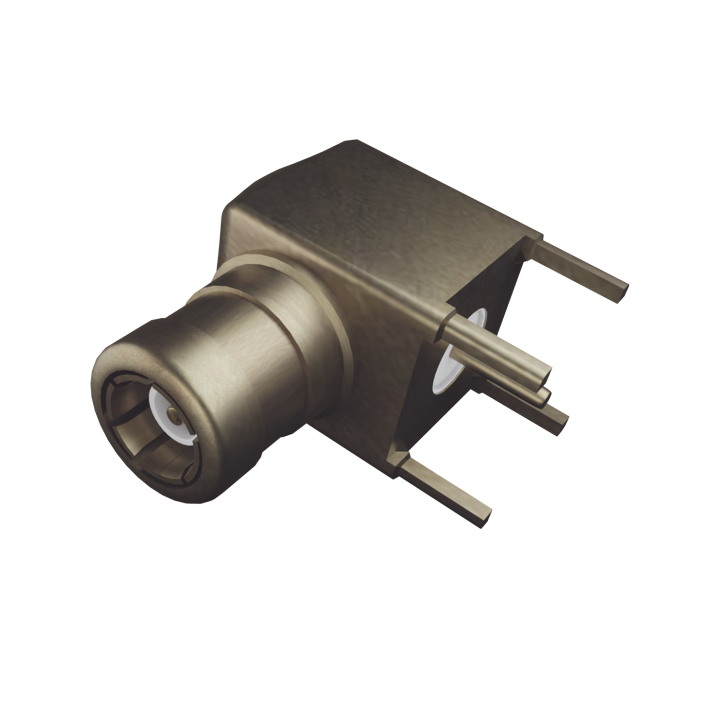 Conector SMB Macho (PIN Hembra) en Ángulo Recto, con Terminal y 4 Patas para Montaje en PCB, Oro/ Oro/ Teflón.?