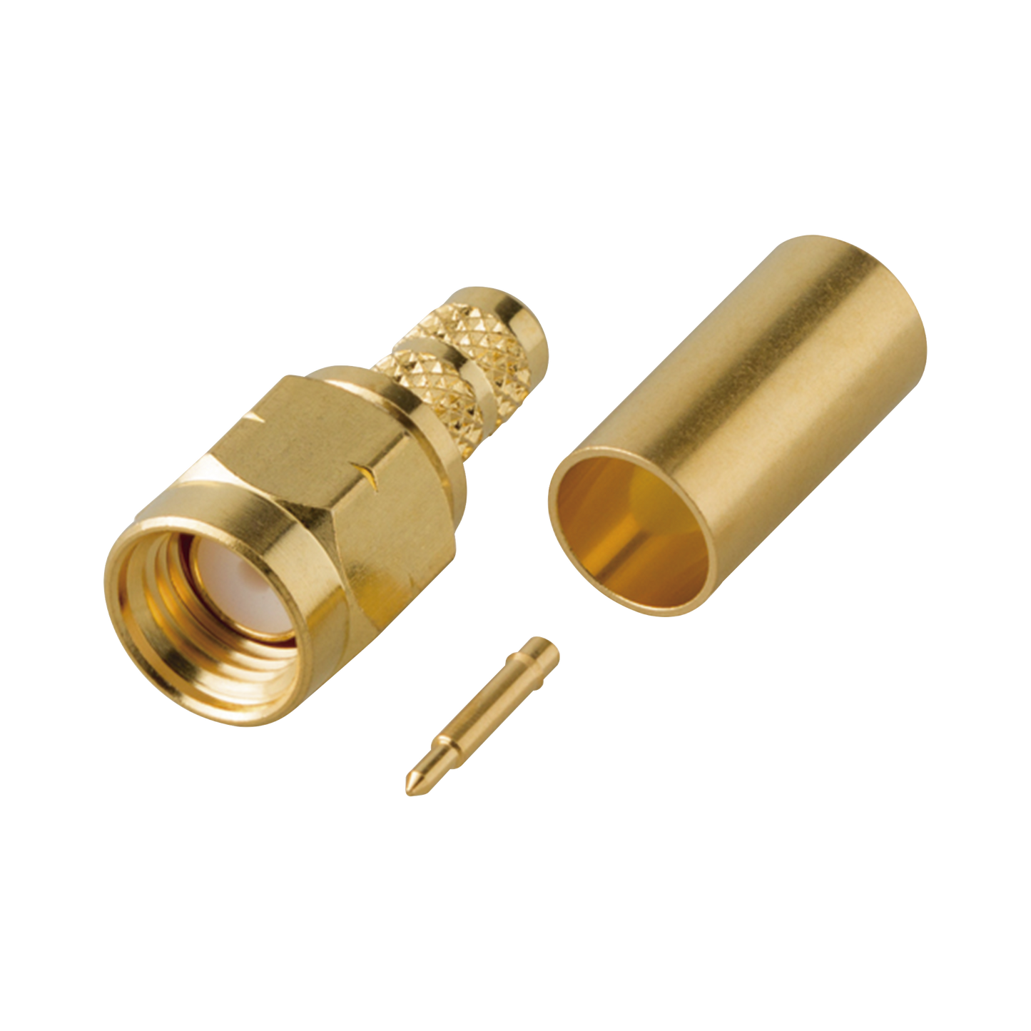 Conector SMA Macho en línea tipo Rosca Izquierda, de Anillo Plegable para Cable RG-142/U y Grupo C1, Oro/ Oro/ Teflón.
