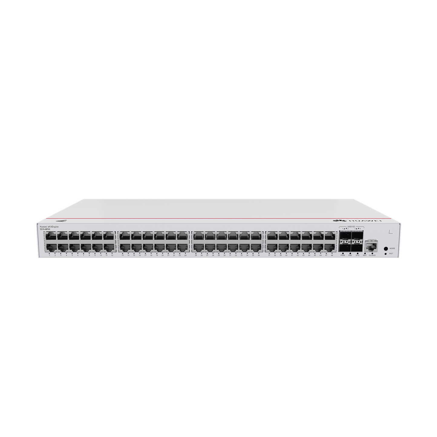 Switch Gigabit Administrable PoE Capa 3 / 48 puertos 10/100/1000 Mbps (PoE) / 4 Puertos SFP+ Uplink / 380W / PoE Perpetuo / iStack / Administración Nube Gratis