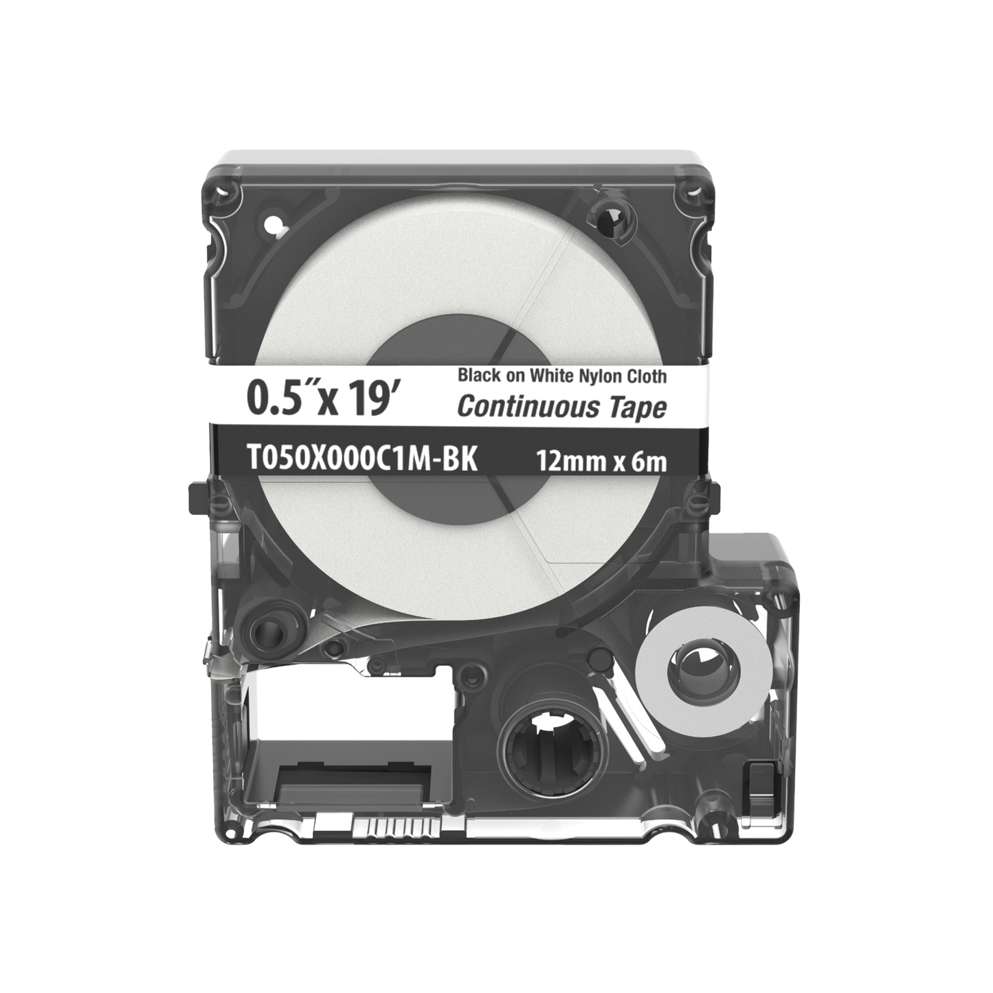 Casete de Etiquetas de Nylon de Cinta Continua, Color Negro Sobre Blanco, Uso Interior/Exterior, 12 (0.5 in) mm de Ancho x 6 Metros de Largo