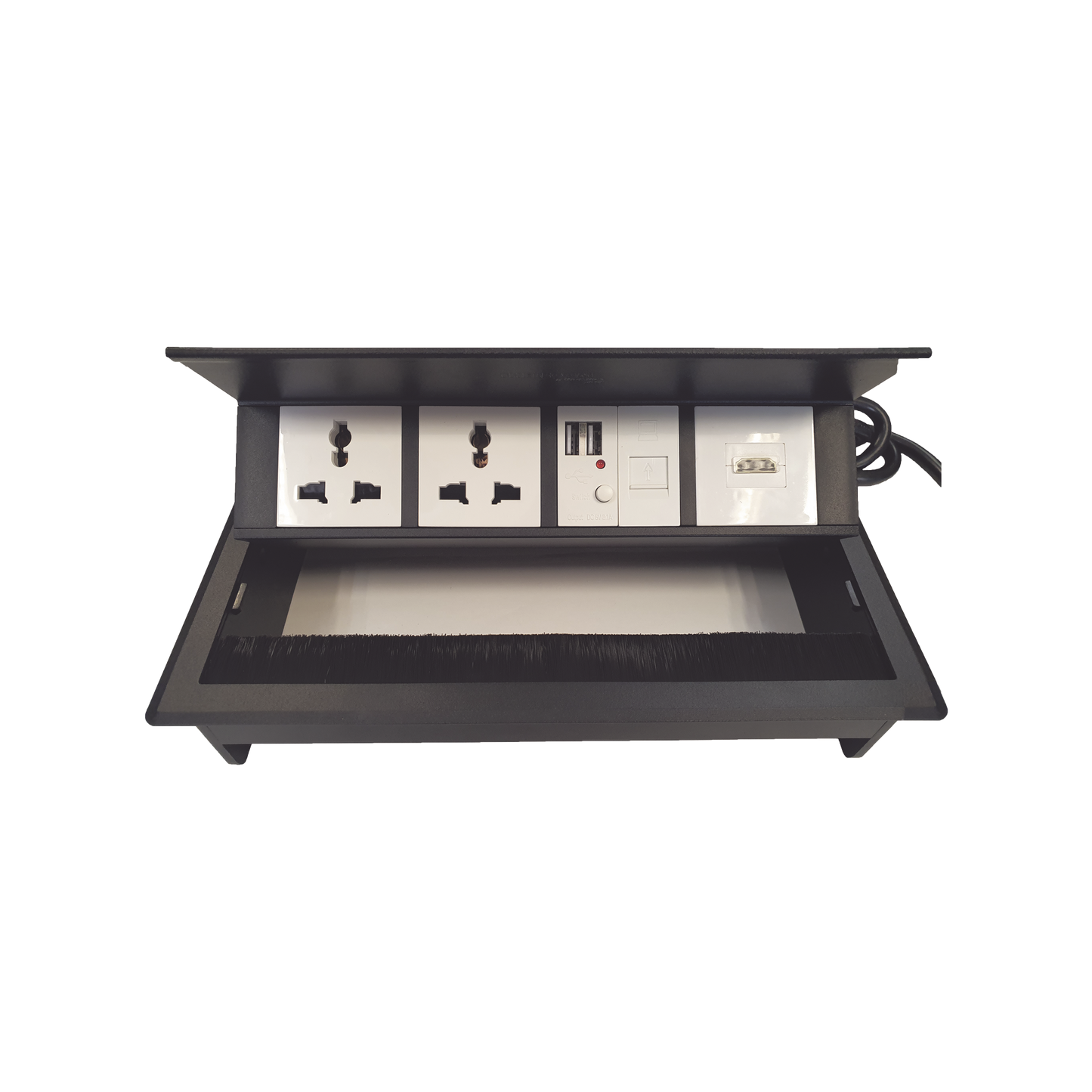 Caja Horizontal tipo Hub para escritorio color negro, con 1 Puerto HDMI Hembra-Hembra, 1 puerto RJ45 Cat6, 2 Puertos USB (Solo carga), y 2 Contactos eléctricos universales