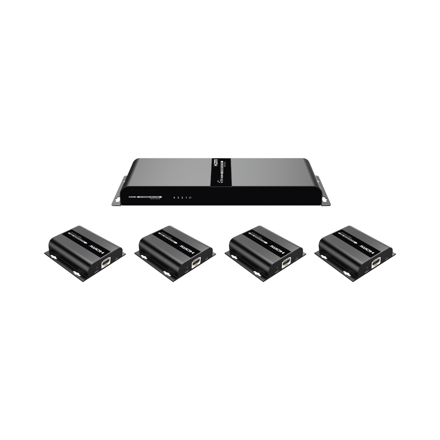 Kit Divisor y Extensor HDMI (Extender Splitter) / Divide 1 Fuente HDMI a 4 Pantallas / Extiende la señal HDMI hasta 120 m / Resolución 1080P @ 60 Hz / Cat 6/6a / Soporta IR / Baja Latencia / Uso24/7 / Alimente solo el Tx (PoC).
