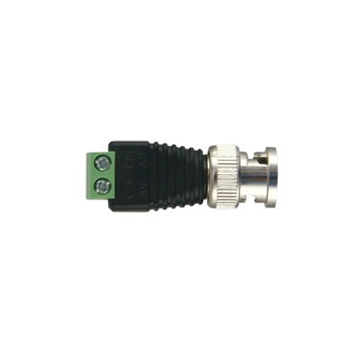 Adaptador de conector BNC macho a 2 terminales-tornillo para cables AWG-26-14, en aplicaciones Video Vigilancia, Níquel/ Oro/ PTFE y PVC.