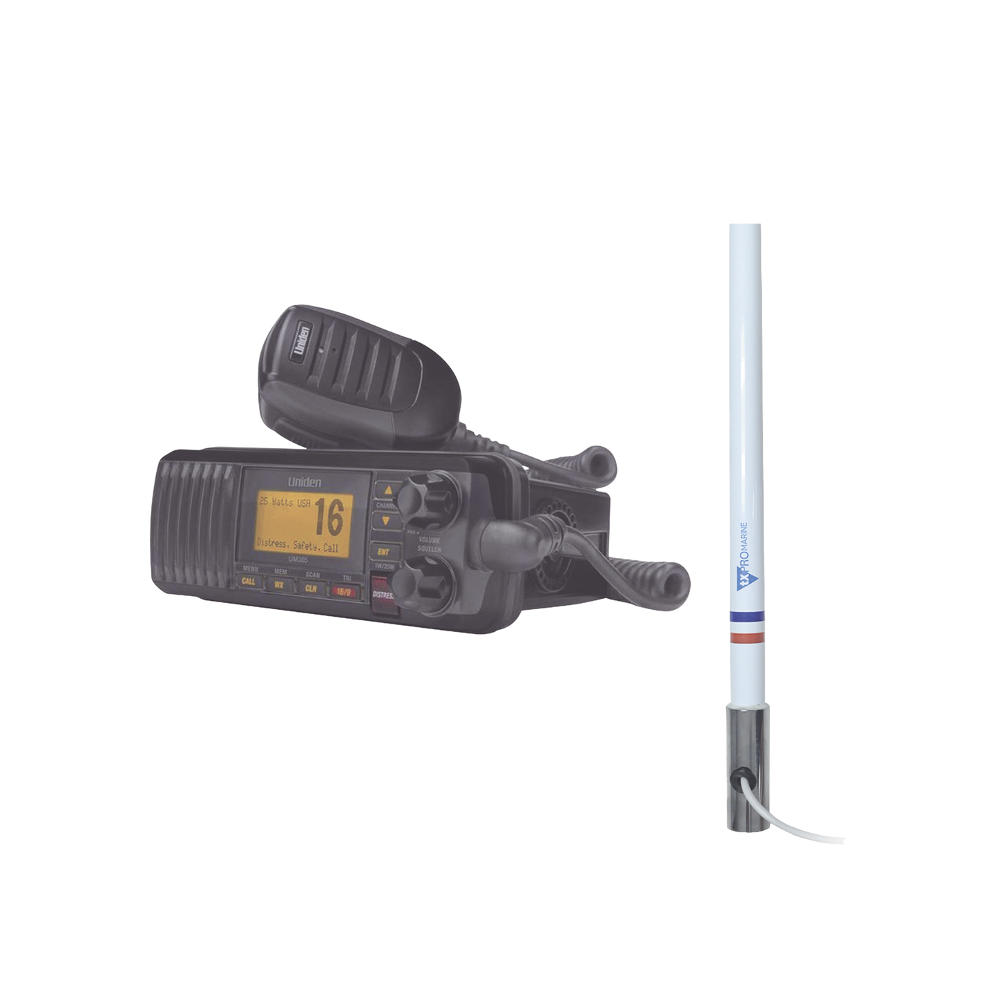 Kit de radio UM385BK | mas antena marina de fibra de vidrio TX-5101-SYS fabricada en fibra de vidrio con base roscable de acero inoxidable