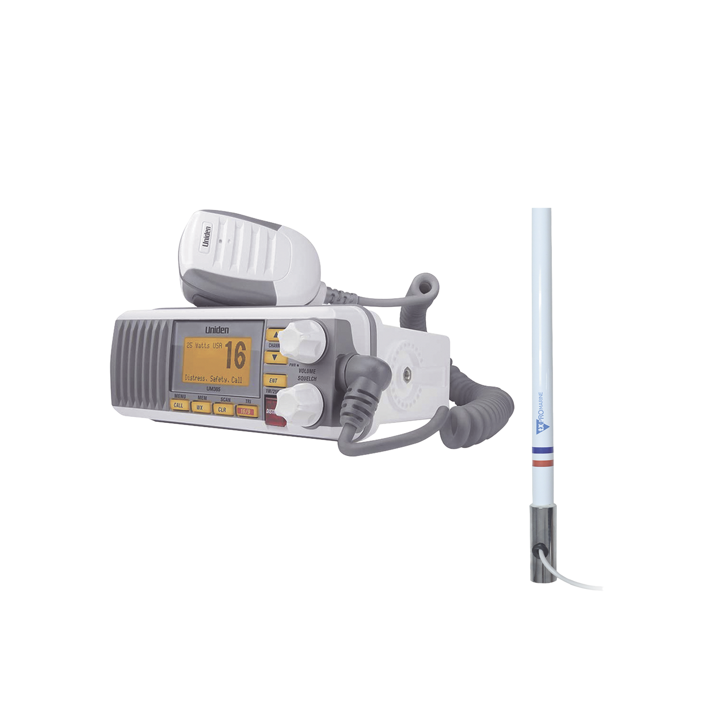 Kit de radio UM385 | mas antena marina de fibra de vidrio TX-5101-SYS fabricada en fibra de vidrio con base roscable de acero inoxidable