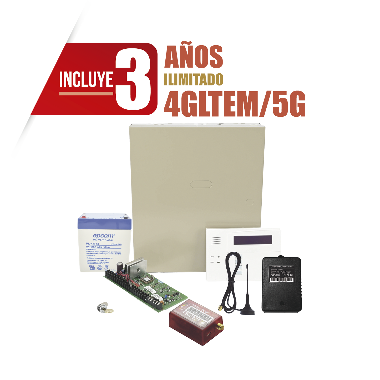 (3 Años 4GLTEM/5G ILIMITADO INCLUIDO) Kit Vista48LA con comunicador 4GLTEM/5G MN01, Teclado, Gabinete, Batería y Transformador