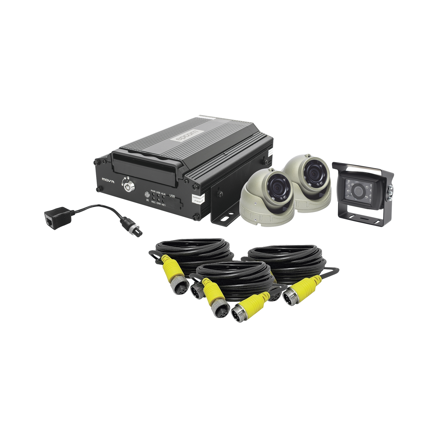 KIT DVR PARA VEHICULO / INCLUYE / CÁMARAS PARA INTERIOR / CÁMARA PARA EXTERIOR, / 2MP AHD / CABLES EXTENSORES / ADAPTADOR LAN.