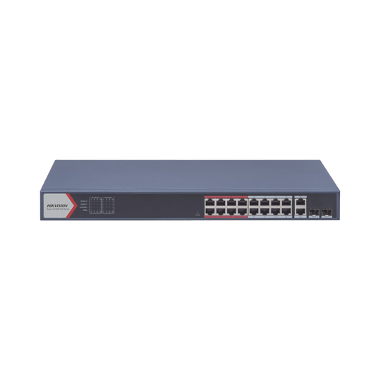 Switch Monitoreable PoE+ / 16 puertos 100 Mbps PoE+ / 2 Puertos 1000 Mbps Uplink + 2 Puertos SFP de Uplink / PoE hasta 300 Metros / Conexión Remota desde Hik-PartnerPro / 230 Watts