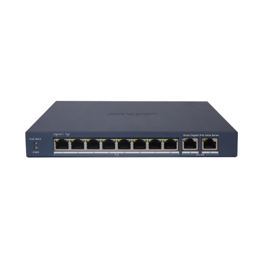 Switch Gigabit PoE+ / Administrable / 8 Puertos 1000 Mbps PoE+ / 2 Puertos 1000 Mbps de Uplink / Configuración Remota desde Hik-PartnerPro / Modo Extendido hasta 300 Metros / 60 W