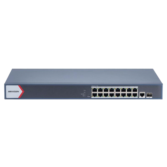 Switch Gigabit PoE+ / Administrable / 16 Puertos 1000 Mbps PoE+ / 1 Puerto 1000 Mbps de Uplink / 1 Puerto SFP /  Configuración Remota desde Hik-PartnerPro / Modo Extendido hasta 300 Metros / 130 Watts