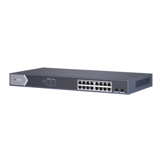 Switch Gigabit PoE+ / Monitoreable / 16 Puertos 1000 Mbps PoE+ / 1 Puerto 1000 Mbps de Uplink / 1 Puerto SFP /  Configuración Remota desde Hik-PartnerPro / Modo Extendido hasta 300 Metros / 130 Watts