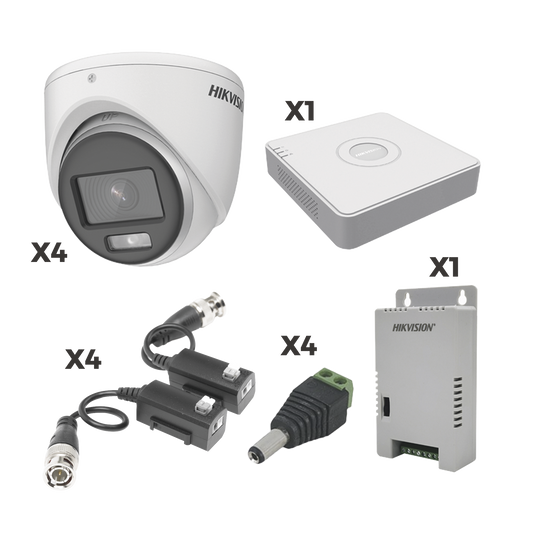 KIT DUAL LIGHT + COLORVU TURBOHD 1080p Lite / DVR 4 Canales con almacenamiento 300GB(eSSD) / 4 Cámaras Eyeball ColorVu con Micrófono/ Transceptores / Conectores / Fuente de Poder Profesional