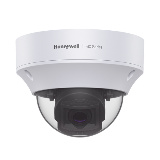 Domo IP 5 MP / Lente Mot. 7 a 22 mm / Exterior / 50 mts IR / H.265 / NDAA / ONVIF / IP67 / IK10 / Detección Sabotaje / Movimiento / Rostros / Intrusión / Merodeo / Objeto Abandonado / Alarmas y Audio I/O / PoE / Serie 60 / Honeywell Security