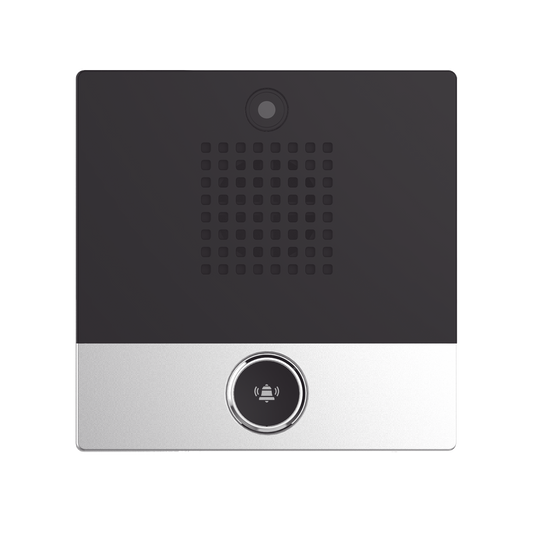 Mini video Intercomunicador para hotelería y hospitales, con diseño elegante, PoE, cámara 1Mpx, 1 botón, 1 relevador integrado de salida y entrada.