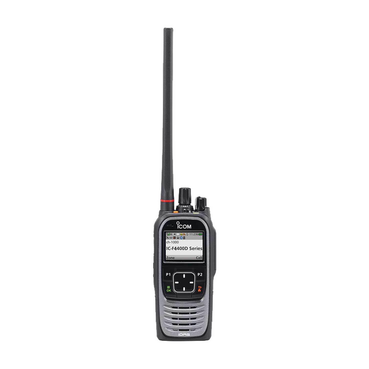 Radio portátil digital y analógico con pantalla a color en rango de frecuencia 380-470MHz, 1024 canales, 5 W de potencia de RF.  Batería, cargador, antena y clip incluidos.