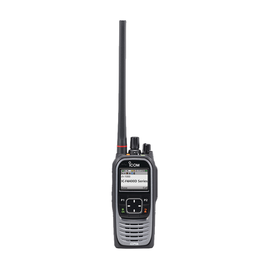 Radio portátil digital y analógico con pantalla a color en rango de frecuencia 380-470MHz, 1024 canales, 5 W de potencia de RF.  Batería, cargador, antena y clip incluidos.