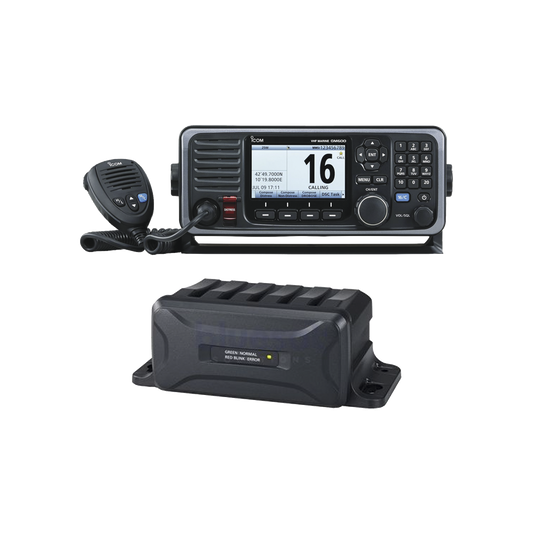 Radio Móvil Marino en banda de VHF con convertidor de corriente PS310. Rx: 156.025-162.000, Tx: 156.025-161.600 MHz, cumple con GMDSS bajo el requerimiento de SOLAS, pantalla de 4.3 pulgadas.Incluye micrófono y kit de montaje.