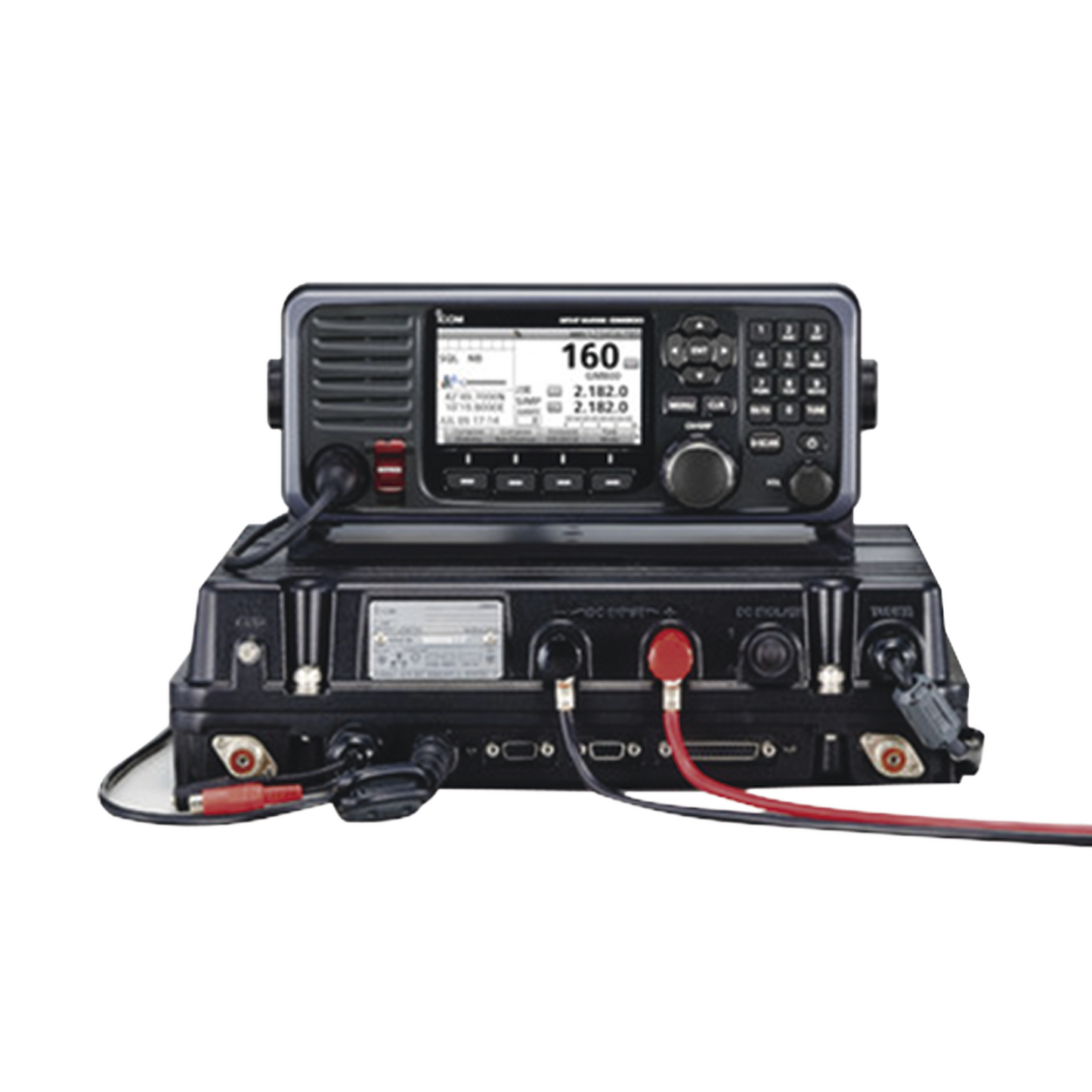 Radio móvil marino en la banda de MF/HF, cumple con GMDSS bajo el requerimiento de SOLAS, pantalla de 4.3 pulgadas. Incluye micrófono y kit de montaje.