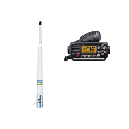 Kit de radio móvil VHF marino modelo IC-M220/13 y antena marina Shakespeare en fibra de vidrio 5101