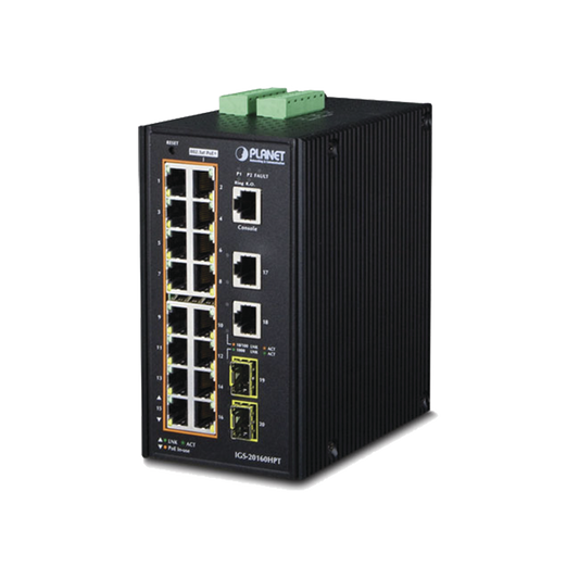 Switch Industrial Administrable 16 puertos 10/100/1000 T 802.3at PoE + 2 Puertos 10/100/1000 T + 2 puertos 100/1000 X SFP