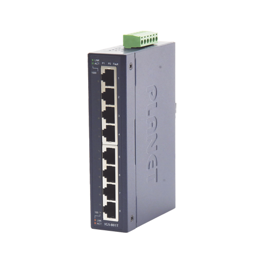 Switch Industrial No Administrable de 8 Puertos Gibabit 10/100/1000T, Diseñado para Montaje en Pared y Riel DIN