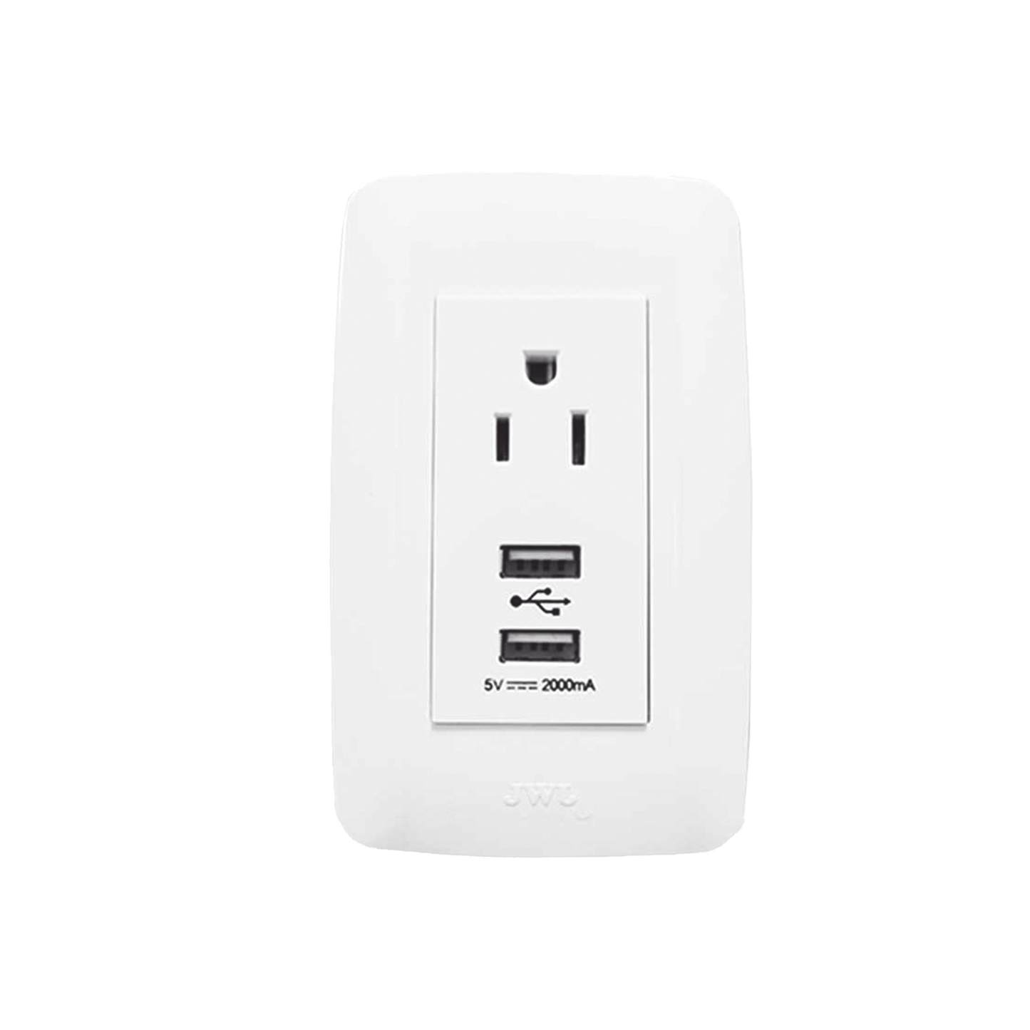 Placa con 1 Tomacorriente 15 A/ 127 V CA y Conector USB tipo hembra 5 VCD/ 2A  / Color Blanco.